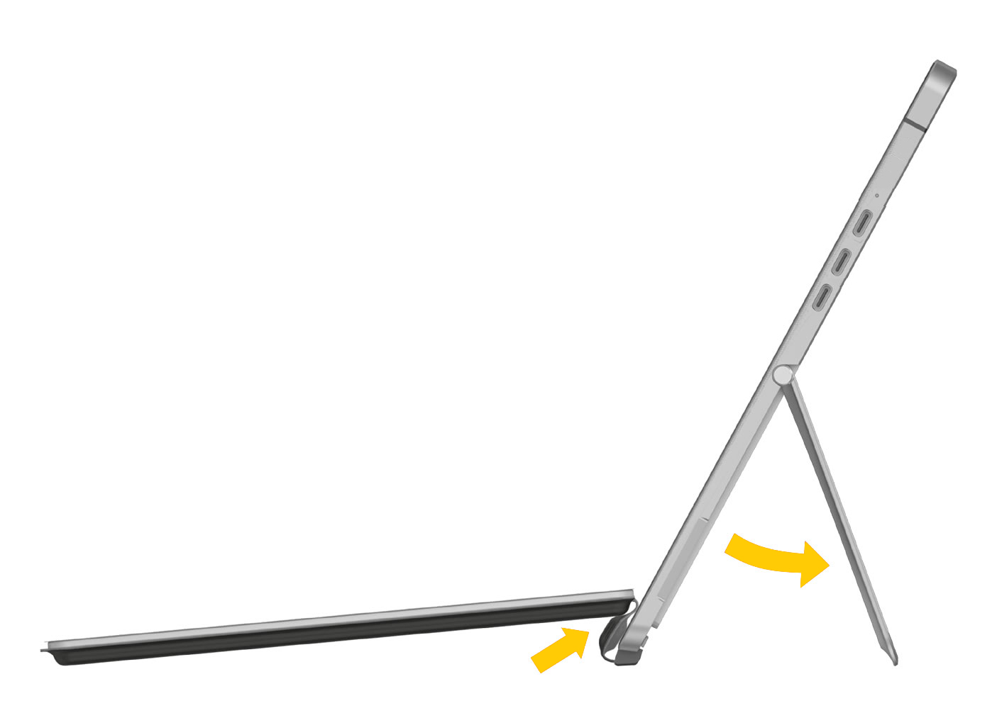 Lift the keyboard and tilt back the screen using the kickstand