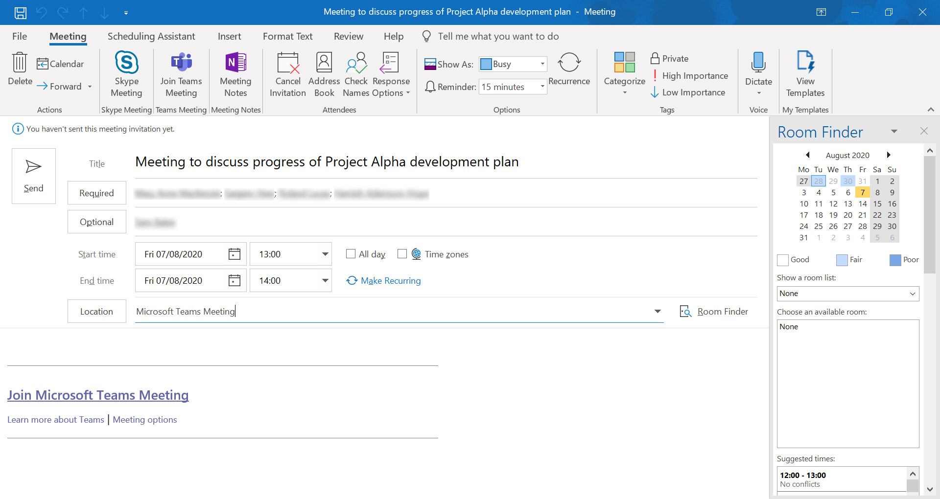Teams Meeting Invitation in Outlook