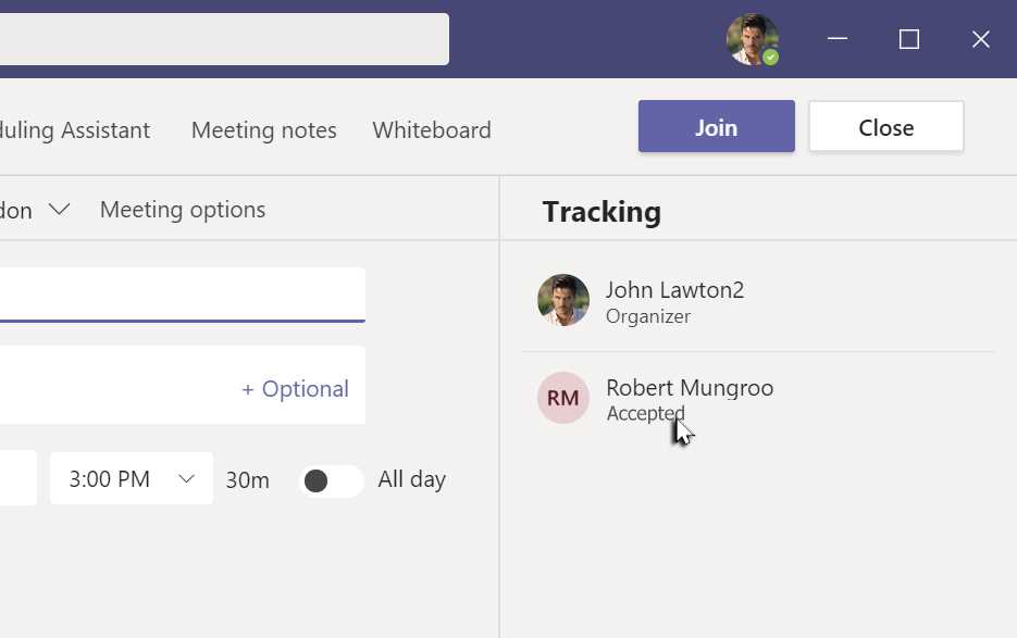 Teams Meeting Invitation showing acceptance under the Tracking information