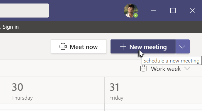 New meeting button within Teams Calendar