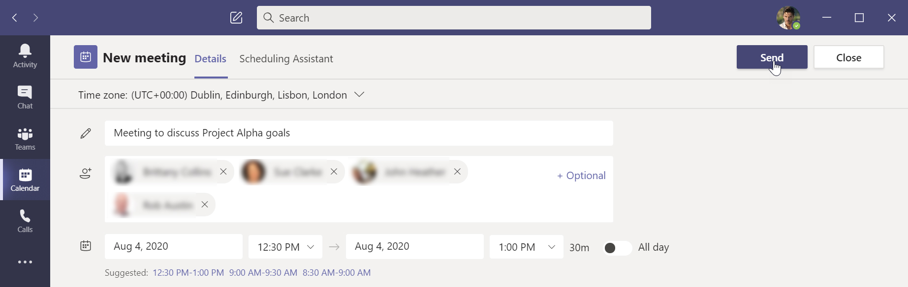 Click Send when the meeting is fully defined